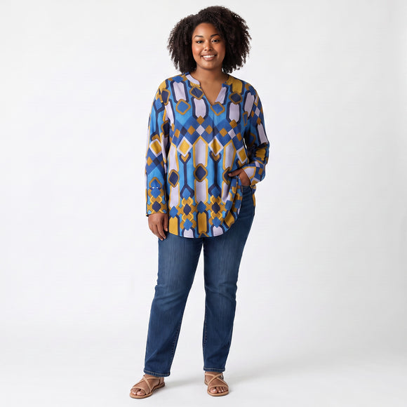 Blue, Pink & Yellow Colour-Block Long-Sleeve Blouse | Size XL | Brand New