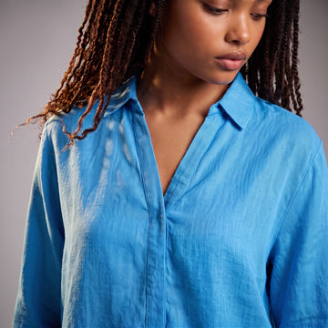 Blue 100% Linen Long-Sleeve Blouse | Sizes M–XXL | Brand New