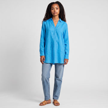 Blue 100% Linen Long-Sleeve Blouse | Sizes M–XXL | Brand New - 0