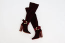 Burgundy Velvet Over-the-Knee Studded Block Heel Boots – UK 3-1