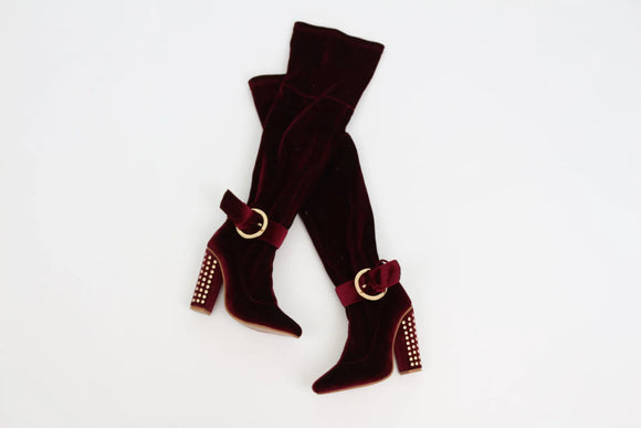 Burgundy Velvet Over-the-Knee Studded Block Heel Boots – UK 3
