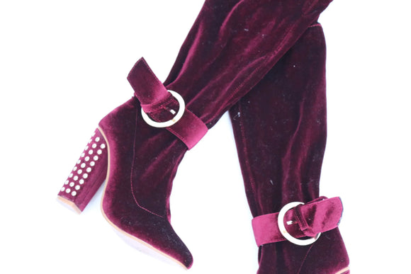 Burgundy Velvet Over-the-Knee Studded Block Heel Boots – UK 3