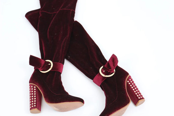 Burgundy Velvet Over-the-Knee Studded Block Heel Boots – UK 3
