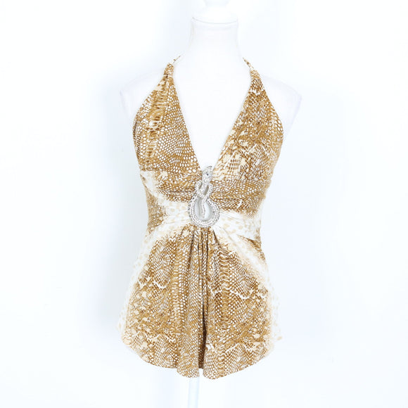 Snake Print Halterneck Top – Crystal Snake Brooch | Size S | Pre-Loved