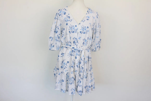 White & Blue Linen-Style Floral Dress – Size S | Brand new