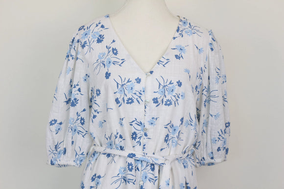 White & Blue Linen-Style Floral Dress – Size S | Brand new