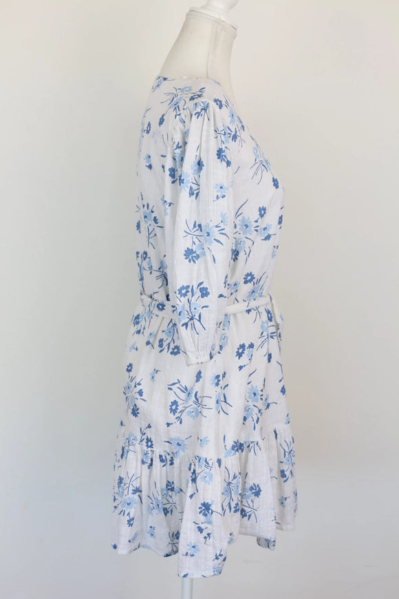 White & Blue Linen-Style Floral Dress – Size S | Brand new