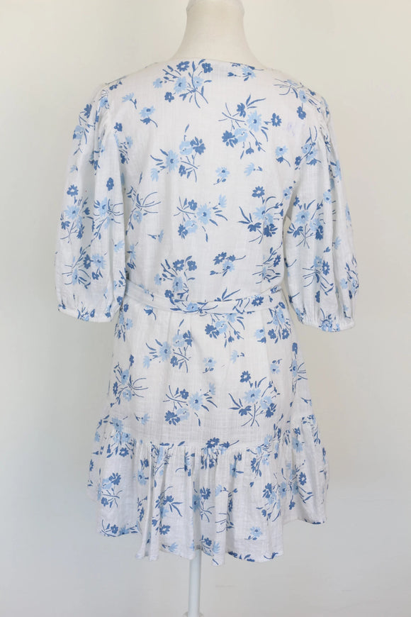 White & Blue Linen-Style Floral Dress – Size S | Brand new