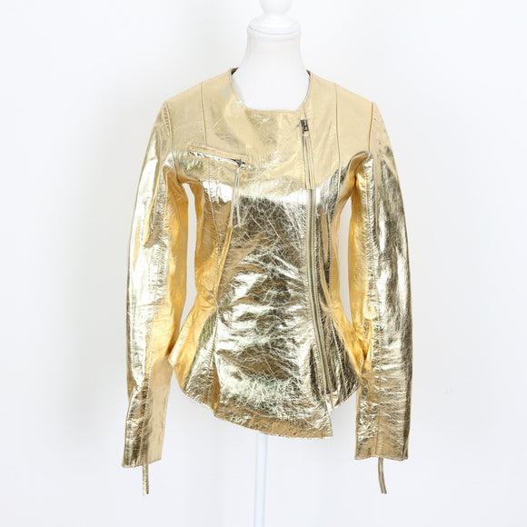 Jenni Button Gold Genuine Leather Biker Jacket - Size 32
