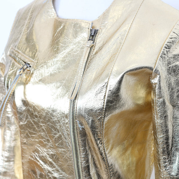 Jenni Button Gold Genuine Leather Biker Jacket - Size 32