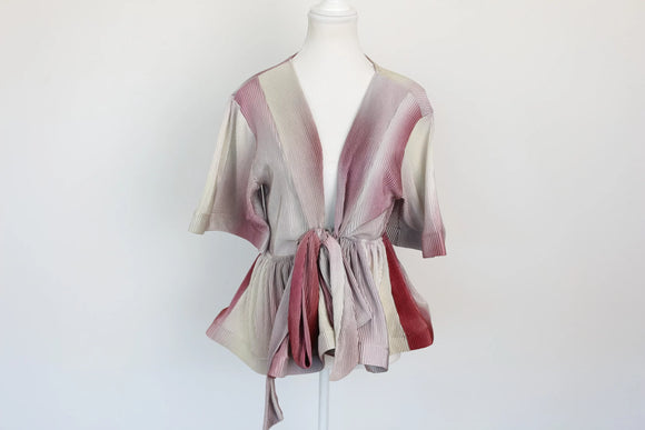 Pink Red Grey Short-Sleeved Deep V-Neck Blouse – M