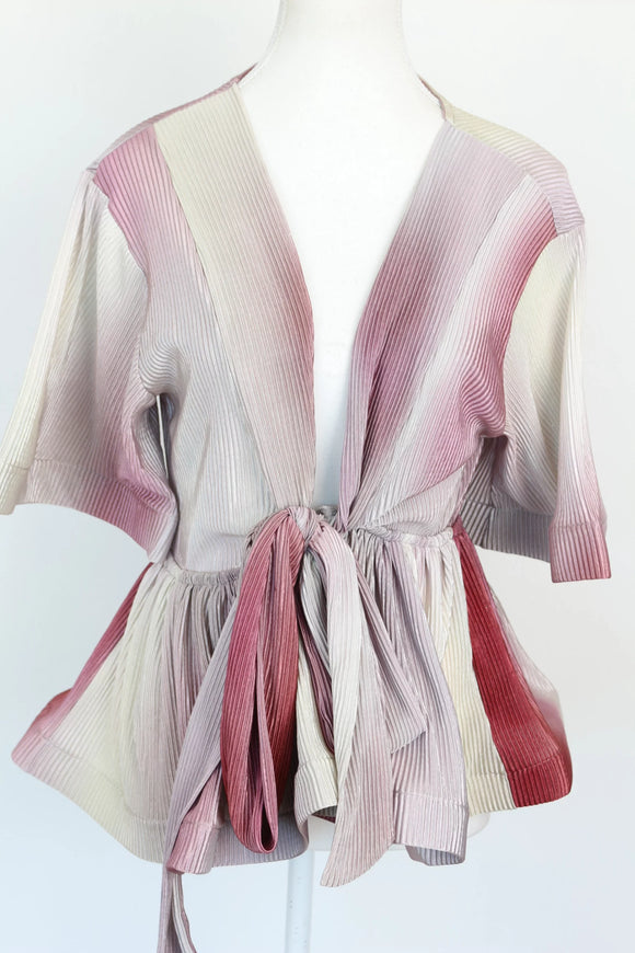 Pink Red Grey Short-Sleeved Deep V-Neck Blouse – M
