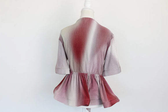 Pink Red Grey Short-Sleeved Deep V-Neck Blouse – M