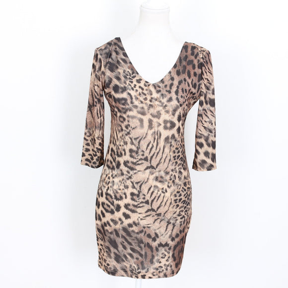 Little Gem Leopard Print V-Neck Long-Sleeve Bodycon Dress - Size M