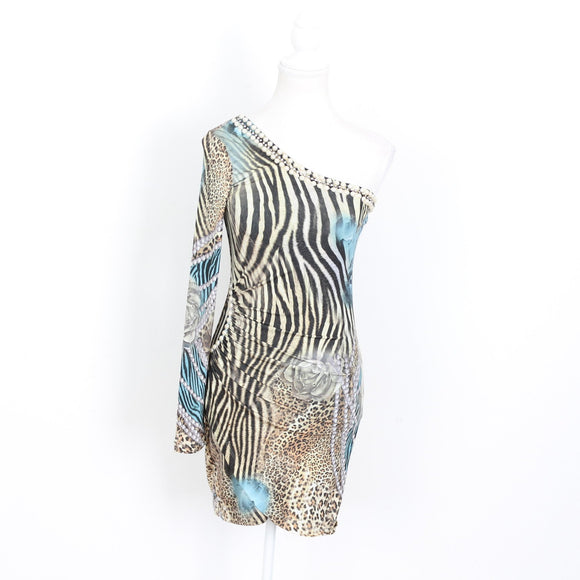 Animal Print One-Shoulder Bodycon Dress with Pearl Detail - Size S