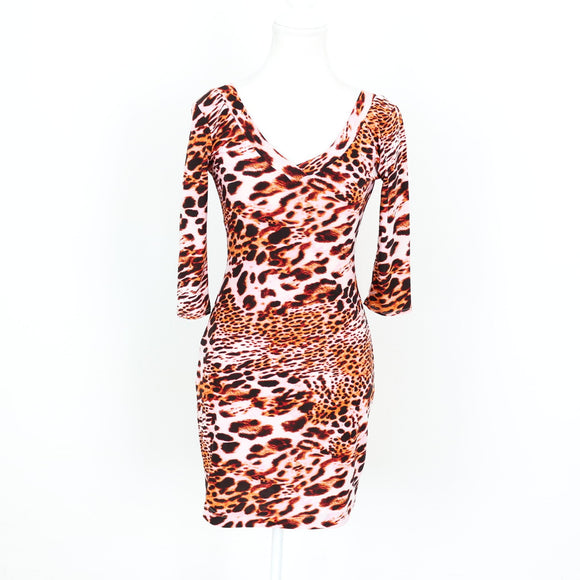 Pink and Leopard Print V-Neck Long-Sleeve Bodycon Dress - Size S
