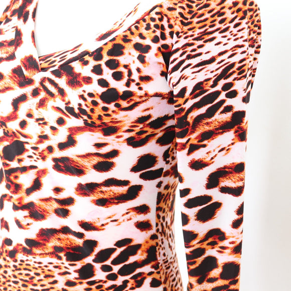 Pink and Leopard Print V-Neck Long-Sleeve Bodycon Dress - Size S