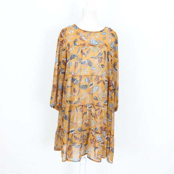 Mustard Leaf Print Chiffon Dress - Size M
