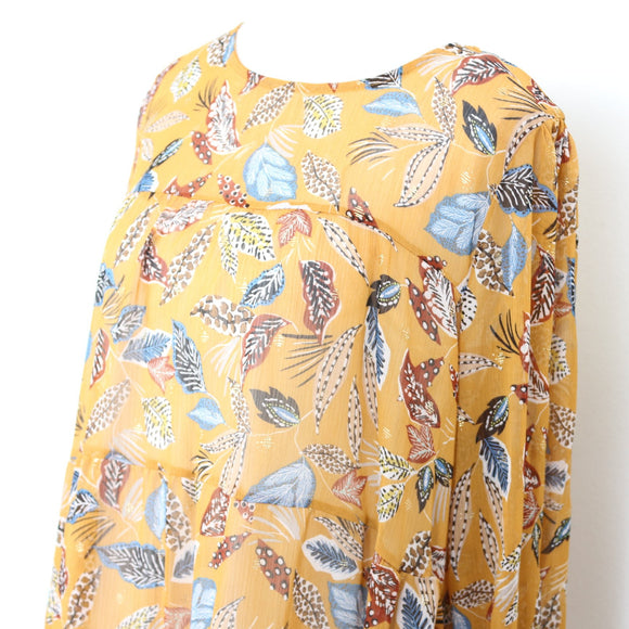 Mustard Leaf Print Chiffon Dress - Size M