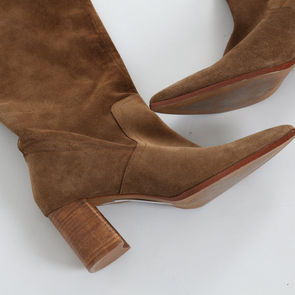 MNG Brown Genuine Suede Pointed-Toe Knee-High Boots - Size 40