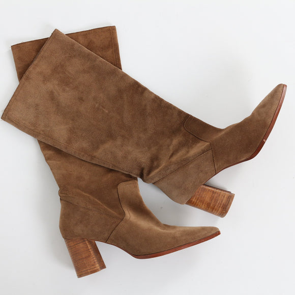 MNG Brown Genuine Suede Pointed-Toe Knee-High Boots - Size 40