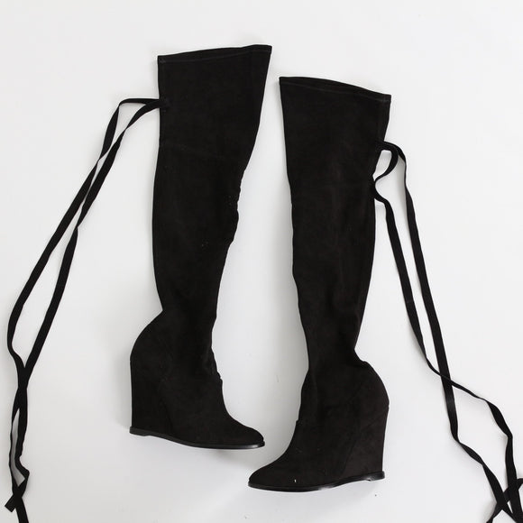 Schultz Black Suede Over-the-Knee Wedge Boots - Size 39