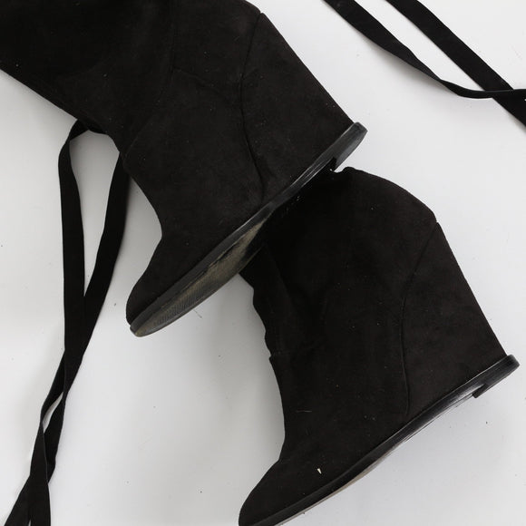Schultz Black Suede Over-the-Knee Wedge Boots - Size 39