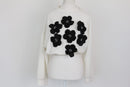 White Cinched-Waist Top with Black Beaded Floral Detail – Size M | Thrift Finds-1