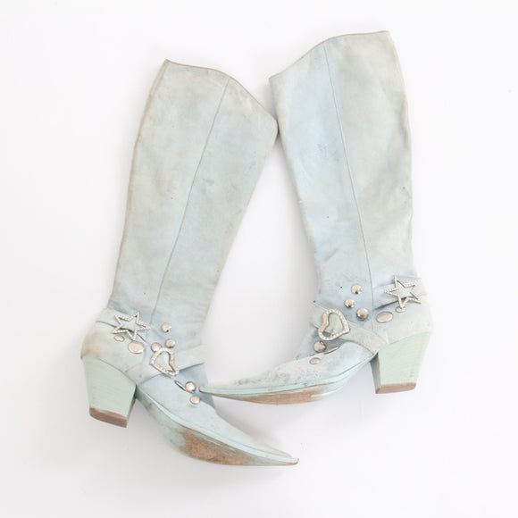Baby Blue Genuine Leather Y2K Knee-High Cowgirl Boots - Size 38