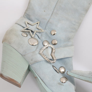 Baby Blue Genuine Leather Y2K Knee-High Cowgirl Boots - Size 38 - 0