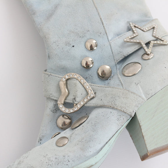 Baby Blue Genuine Leather Y2K Knee-High Cowgirl Boots - Size 38