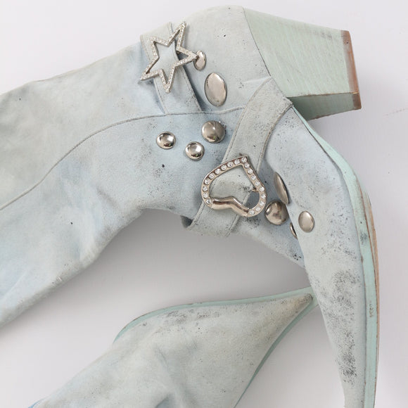 Baby Blue Genuine Leather Y2K Knee-High Cowgirl Boots - Size 38