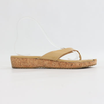 Jimmy Choo Beige Patent Leather Cork Wedge Thong Sandals - Size 39