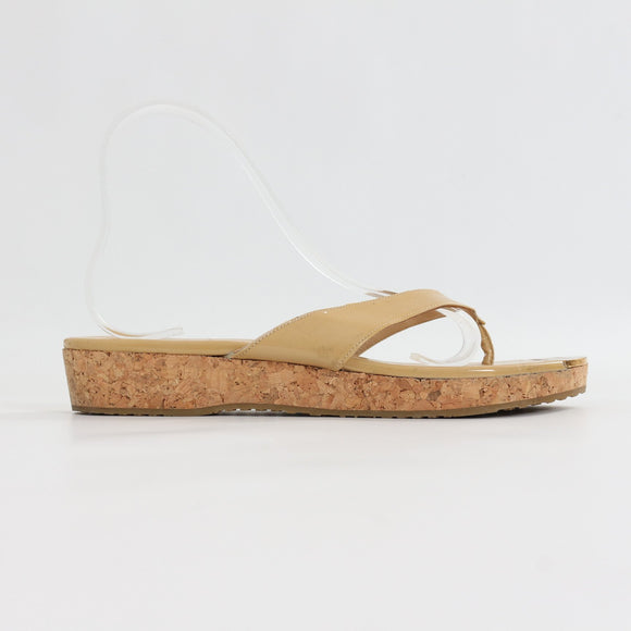 Jimmy Choo Beige Patent Leather Cork Wedge Thong Sandals - Size 39