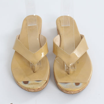 Jimmy Choo Beige Patent Leather Cork Wedge Thong Sandals - Size 39 - 0