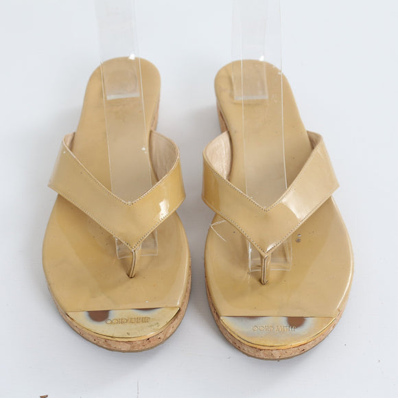 Jimmy Choo Beige Patent Leather Cork Wedge Thong Sandals - Size 39