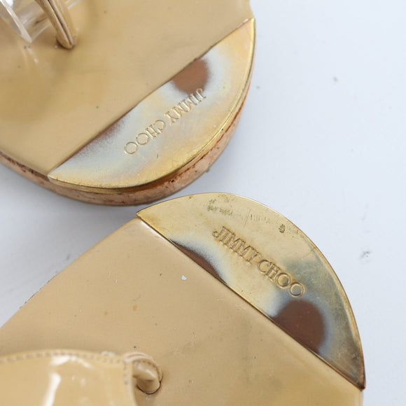 Jimmy Choo Beige Patent Leather Cork Wedge Thong Sandals - Size 39