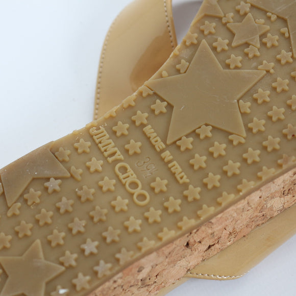 Jimmy Choo Beige Patent Leather Cork Wedge Thong Sandals - Size 39