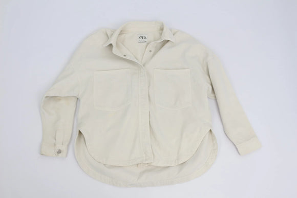 Zara White Denim Silver Snap-Button Shirt – S