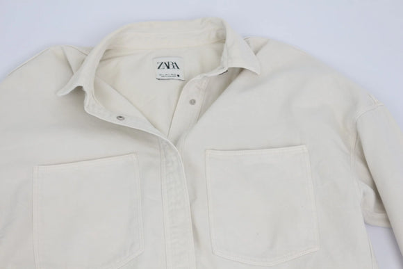 Zara White Denim Silver Snap-Button Shirt – S