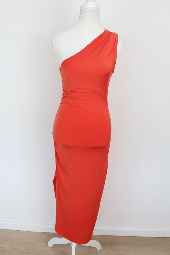 Orange Ruched Asymmetric Maxi Dress – Size M | Brand new