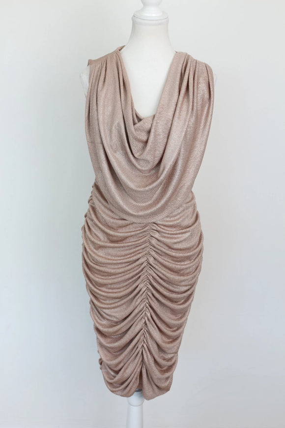 Champagne Sparkle Ruched Midi Dress – Size XL | Thrift Finds