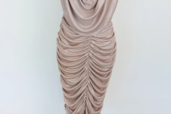 Champagne Sparkle Ruched Midi Dress – Size XL | Thrift Finds