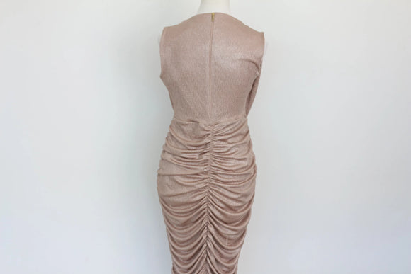 Champagne Sparkle Ruched Midi Dress – Size XL | Thrift Finds