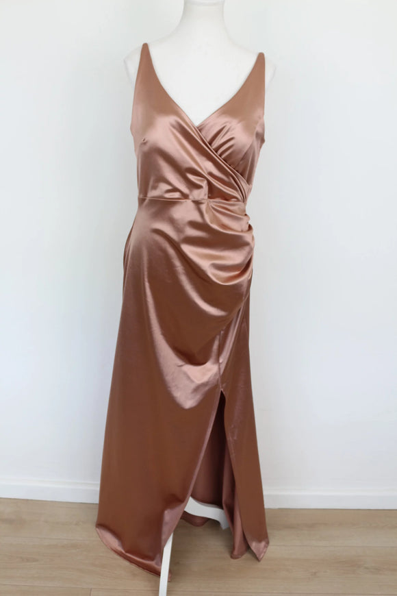Rose Gold Strappy Bodycon Dress with Side Slit – Size XL | Thrift Finds