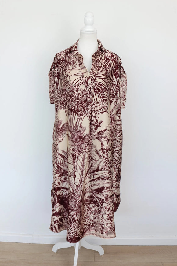Maroon & Peach Jungle Print Shirt Dress – Size M | Thrift Finds