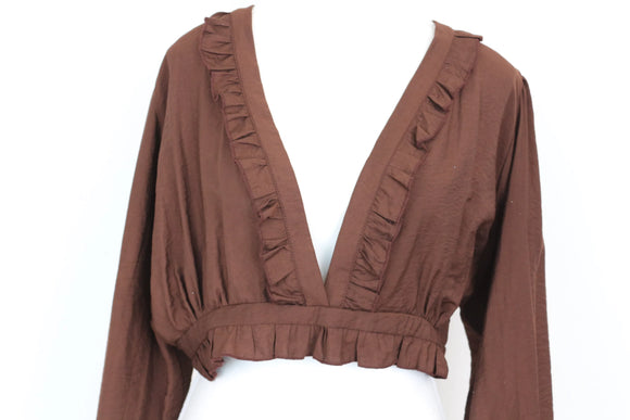 Brown Frilled Long-Sleeve Crop Top – Size XL | Brand new