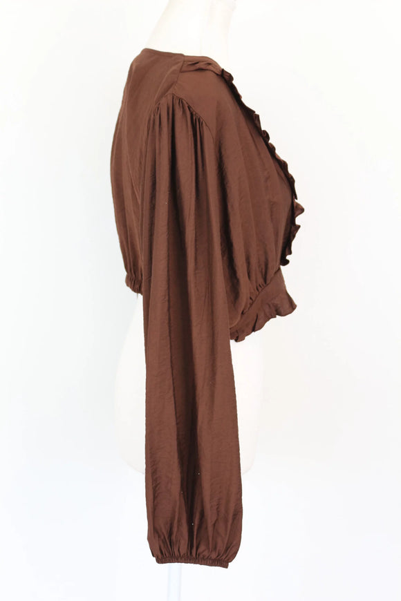 Brown Frilled Long-Sleeve Crop Top – Size XL | Brand new