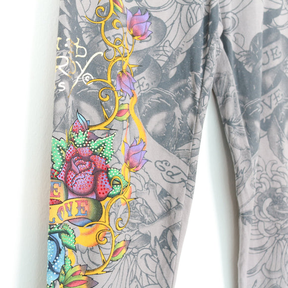 Ed Hardy Grey Leggings with Colourful Detailing - M