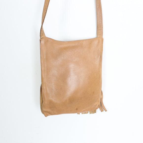 Tan Genuine Leather Fringe Crossbody Bag